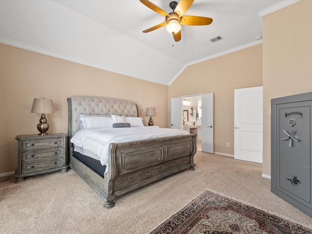 22603 Blanefield Ct, Tomball, TX 77375 - bedroom featuring light colored carpet, ornamental molding, lofted ceiling, baseboards, and ensuite bath