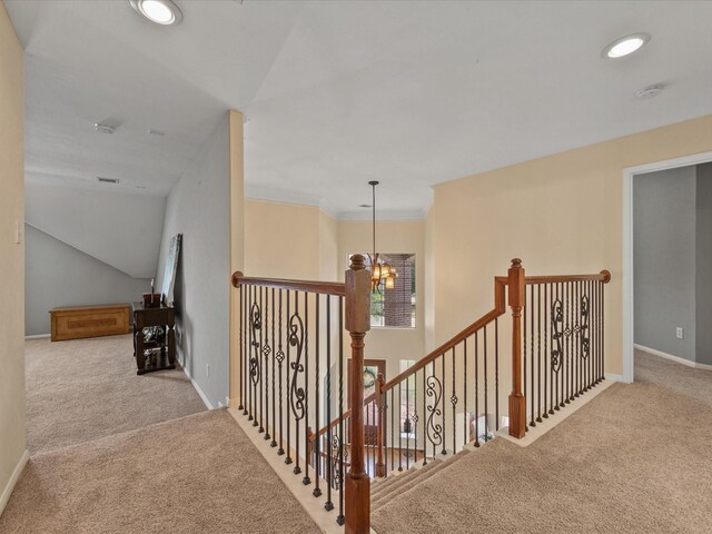 22603 Blanefield Ct, Tomball, TX 77375 - corridor with carpet, an upstairs landing, a chandelier, baseboards, and recessed lighting