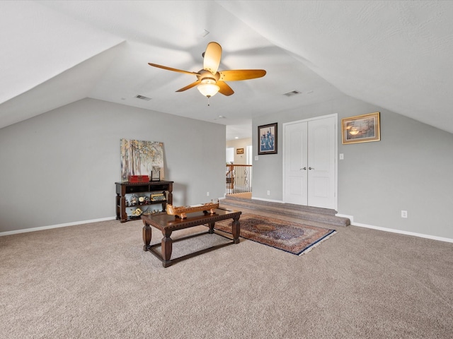 22603 Blanefield Ct, Tomball, TX 77375 - carpeted living room with lofted ceiling, a ceiling fan, and baseboards