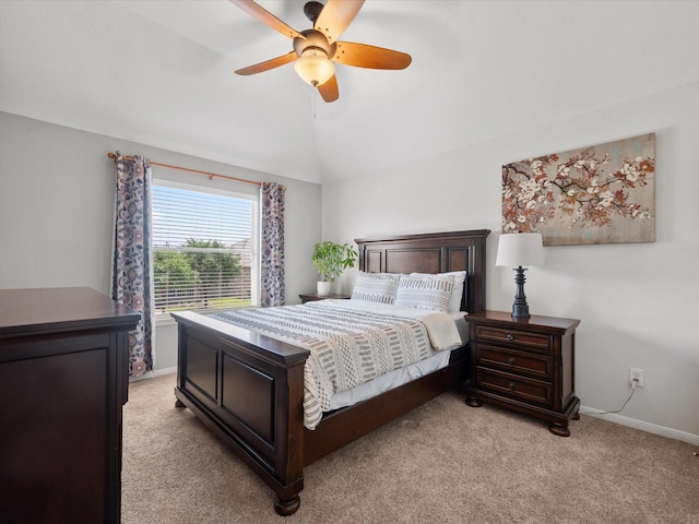 22603 Blanefield Ct, Tomball, TX 77375 - bedroom with light carpet, lofted ceiling, baseboards, and a ceiling fan