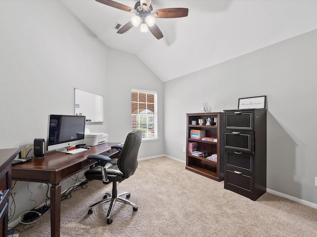 22603 Blanefield Ct, Tomball, TX 77375 - carpeted home office featuring lofted ceiling, a ceiling fan, and baseboards