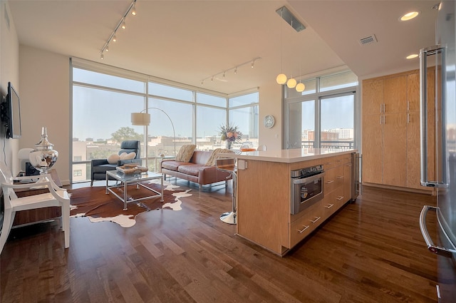 2207 Bancroft St Unit 604, Houston, TX 77027 - kitchen featuring stainless steel appliances, rail lighting, floor to ceiling windows, open floor plan, and dark wood-style floors