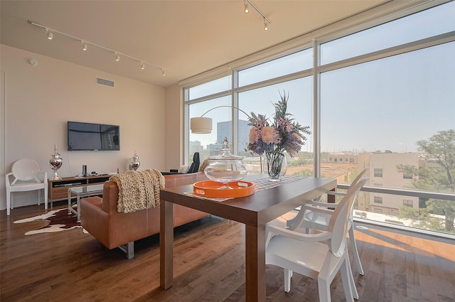 2207 Bancroft St Unit 604, Houston, TX 77027 - dining room with track lighting, wood finished floors, and a wall of windows