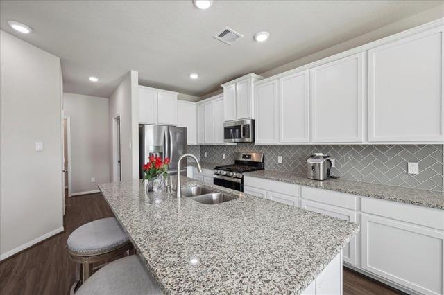 2498 Diamond D Dr, Beaumont, TX 77713 - kitchen with stainless steel appliances, a sink, decorative backsplash, dark wood finished floors, and recessed lighting