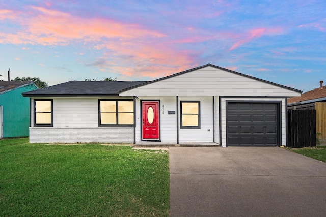404 Glenmore Dr, Pasadena, TX 77503 - ranch-style home featuring concrete driveway, a garage, a porch, brick siding, and a shingled roof