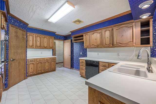 207 Oak Hill Dr, Brenham, TX 77833 - kitchen featuring dishwasher, wallpapered walls, ornamental molding, a textured ceiling, and a sink