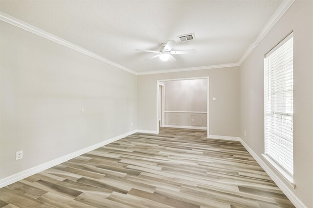 28902 Twisted Oak Dr, Shenandoah, TX 77381 - empty room featuring ceiling fan, ornamental molding, light wood-style flooring, and baseboards