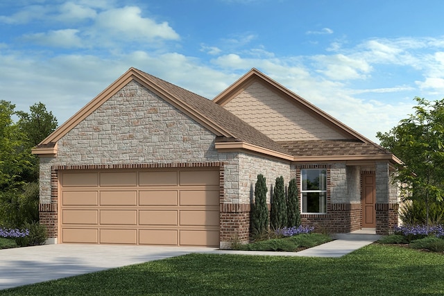 7503 Sunlit Harbor Dr, Cypress, TX 77433 - french provincial home with a garage, concrete driveway, stone siding, and a front yard