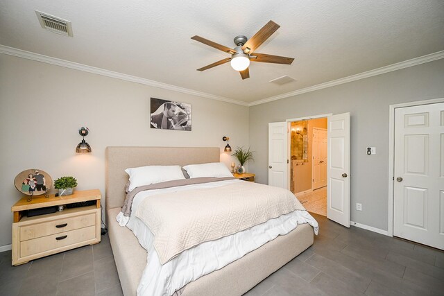 13907 Pawnee Trails Dr, Cypress, TX 77429 - tiled bedroom with ornamental molding, baseboards, and ceiling fan