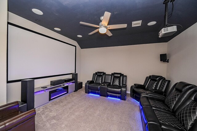 13907 Pawnee Trails Dr, Cypress, TX 77429 - home theater with carpet flooring, ceiling fan, vaulted ceiling, and recessed lighting