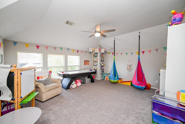 13907 Pawnee Trails Dr, Cypress, TX 77429 - rec room with vaulted ceiling, a ceiling fan, and carpet floors