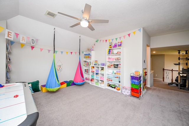 13907 Pawnee Trails Dr, Cypress, TX 77429 - rec room with carpet floors, ceiling fan, and lofted ceiling