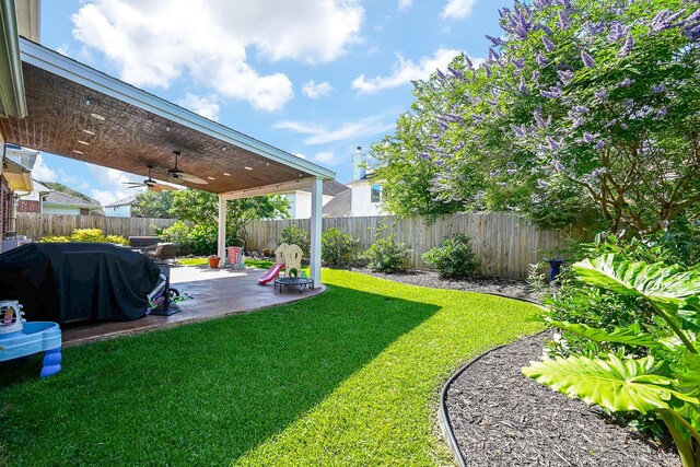 13907 Pawnee Trails Dr, Cypress, TX 77429 - view of yard featuring ceiling fan and a patio