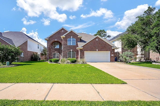 13907 Pawnee Trails Dr, Cypress, TX 77429 - traditional-style house with brick siding, a garage, a front yard, and concrete driveway