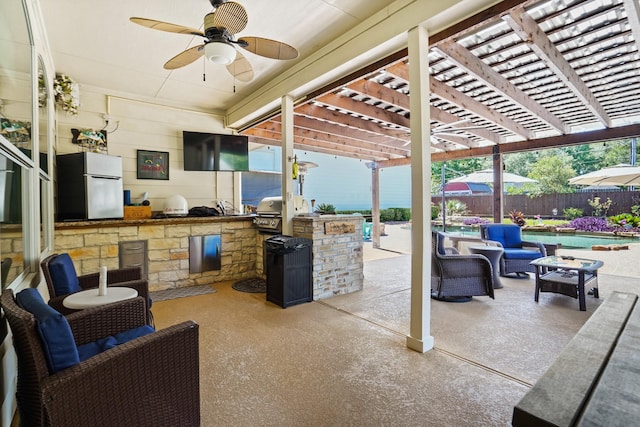 6123 Cypress Way Dr, Magnolia, TX 77354 - view of patio featuring exterior kitchen, fence, a pergola, ceiling fan, and grilling area