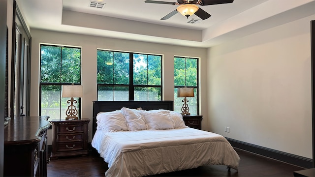 4818 Lake Village Dr, Fulshear, TX 77441 - bedroom featuring dark wood-style floors, multiple windows, a raised ceiling, and a ceiling fan
