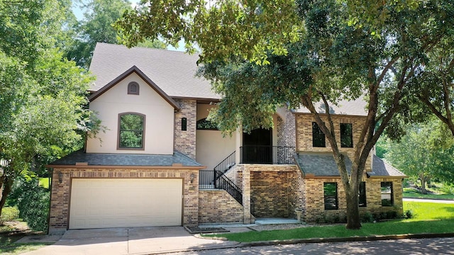 4818 Lake Village Dr, Fulshear, TX 77441 - french provincial home with an attached garage, brick siding, stairs, and driveway