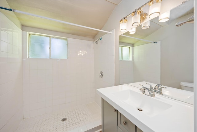 11750 Murr Way, Houston, TX 77048 - full bath featuring tiled shower, vanity, toilet, and lofted ceiling