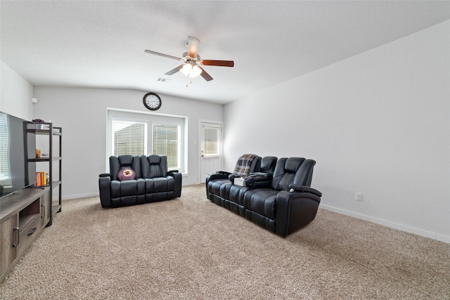 6815 Bardsdale Ct, Rosharon, TX 77583 - living area with ceiling fan, carpet flooring, and baseboards