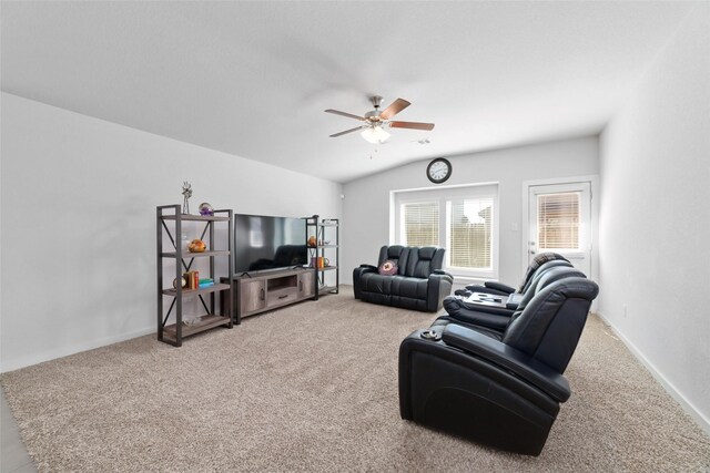 6815 Bardsdale Ct, Rosharon, TX 77583 - carpeted living room with ceiling fan, lofted ceiling, and baseboards