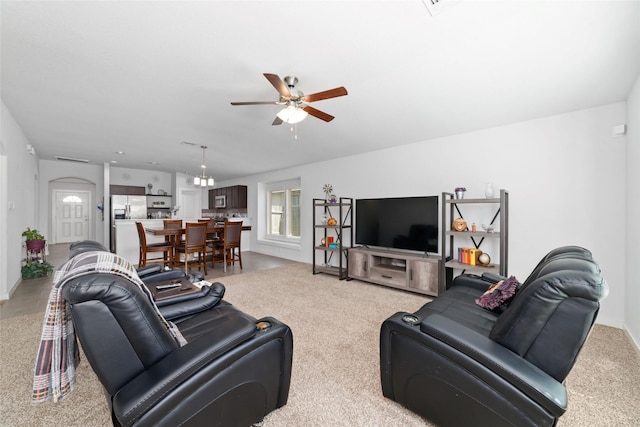 6815 Bardsdale Ct, Rosharon, TX 77583 - living room featuring a ceiling fan, carpet floors, and baseboards
