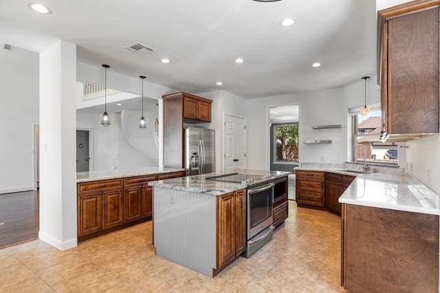 12151 Maple Rock Dr, Houston, TX 77077 - kitchen with stainless steel appliances, a sink, open shelves, recessed lighting, and light stone counters