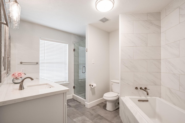 9026 Mcgallion Rd, Houston, TX 77022 - bathroom featuring a stall shower, toilet, vanity, a relaxing tiled tub, and baseboards
