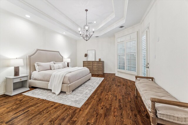 1 Exbury Way, Houston, TX 77056 - bedroom featuring a raised ceiling, recessed lighting, ornamental molding, dark wood-style floors, and a chandelier