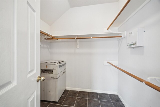 19119 Timber Trace Dr, Humble, TX 77346 - spacious closet with lofted ceiling and dark tile patterned floors