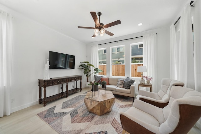 1911 Huntly Chase Dr, Houston, TX 77080 - living room with ceiling fan, wood finished floors, recessed lighting, baseboards, and crown molding