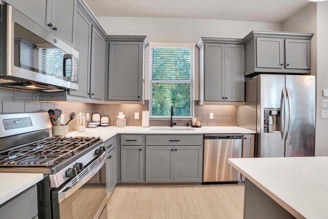 477 Long Leaf Pine Dr, Montgomery, TX 77316 - kitchen featuring appliances with stainless steel finishes, gray cabinets, a sink, light countertops, and backsplash