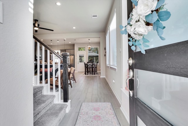 477 Long Leaf Pine Dr, Montgomery, TX 77316 - entryway with stairs, baseboards, light wood-style flooring, recessed lighting, and a ceiling fan