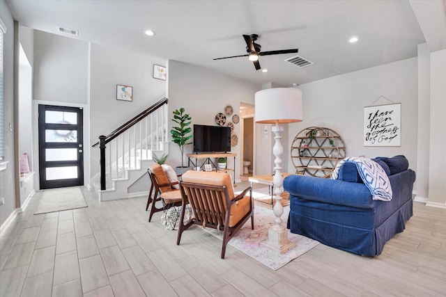 477 Long Leaf Pine Dr, Montgomery, TX 77316 - living area with ceiling fan, stairs, light wood-type flooring, baseboards, and recessed lighting