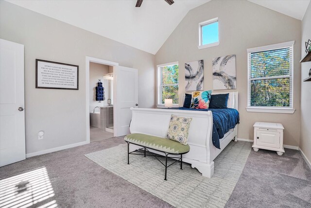 477 Long Leaf Pine Dr, Montgomery, TX 77316 - bedroom with carpet flooring, baseboards, high vaulted ceiling, and ensuite bath
