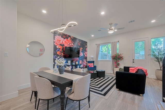 2909 Nagle St, Houston, TX 77004 - dining area featuring light wood finished floors, a ceiling fan, recessed lighting, and baseboards