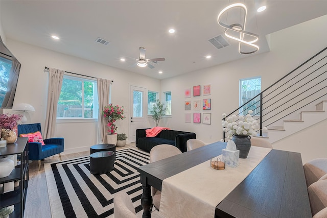2909 Nagle St, Houston, TX 77004 - dining area with plenty of natural light, recessed lighting, stairway, wood finished floors, and ceiling fan