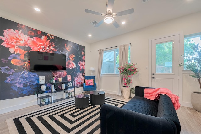 2909 Nagle St, Houston, TX 77004 - living room with plenty of natural light, wood finished floors, a ceiling fan, and recessed lighting