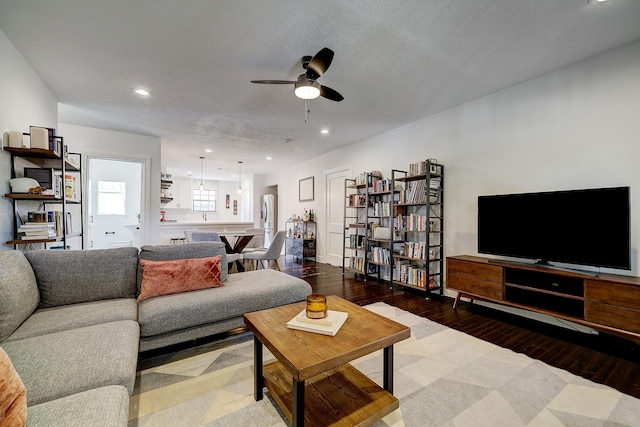 5120 Leeland St, Houston, TX 77023 - living area with ceiling fan, hardwood / wood-style flooring, and recessed lighting