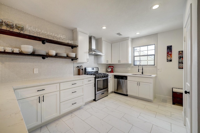 5120 Leeland St, Houston, TX 77023 - kitchen featuring wall chimney range hood, stainless steel appliances, light marble finish floors, a sink, and open shelves