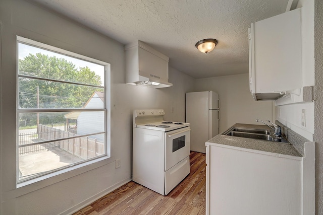 5120 Leeland St, Houston, TX 77023 - kitchen featuring white appliances, a sink, light wood finished floors, range hood, and a textured ceiling