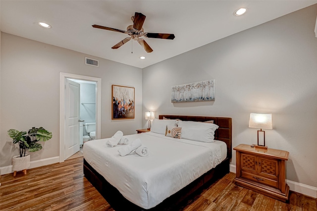 804 Paige St, Houston, TX 77003 - bedroom featuring baseboards, wood finished floors, recessed lighting, ensuite bath, and a ceiling fan