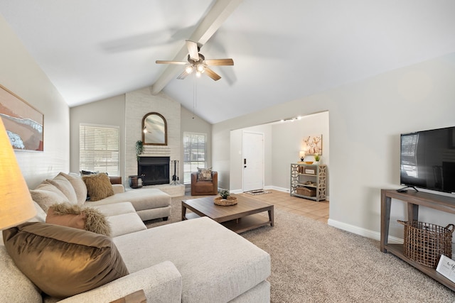 817 S 2nd St, La Porte, TX 77571 - carpeted living area featuring a ceiling fan, a brick fireplace, and baseboards