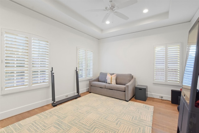 2804 Robinhood St, West University Place, TX 77005 - sitting room featuring plenty of natural light, ceiling fan, light wood finished floors, recessed lighting, and a raised ceiling