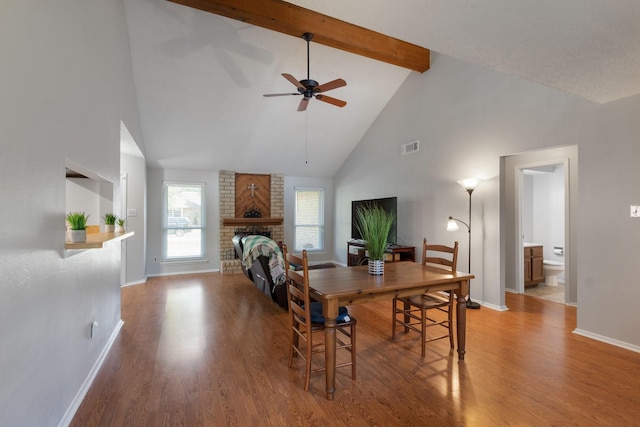4315 Stallion Brook Ln, Spring, TX 77388 - dining space featuring high vaulted ceiling, ceiling fan, a fireplace, beam ceiling, and wood finished floors