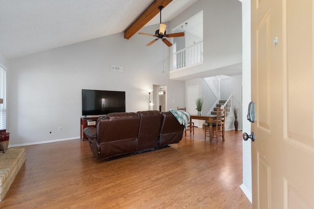 4315 Stallion Brook Ln, Spring, TX 77388 - living area with high vaulted ceiling, a ceiling fan, light wood-style floors, stairway, and beamed ceiling