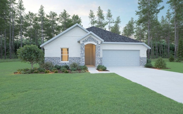 2914 Parthenon Pl, New Caney, TX 77357 - view of front of home featuring stone siding, a garage, concrete driveway, and a front yard