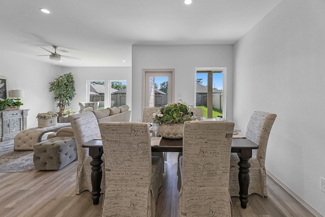 6545 Alexis St, Beaumont, TX 77708 - dining space featuring light wood-style floors, ceiling fan, recessed lighting, and baseboards