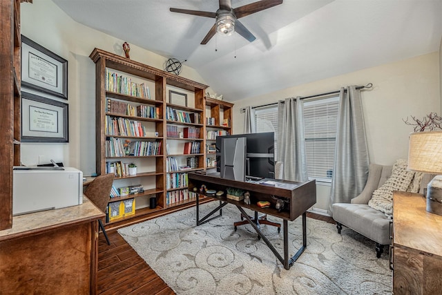 4818 Connor Dr, Baytown, TX 77521 - home office featuring ceiling fan, wood finished floors, and vaulted ceiling