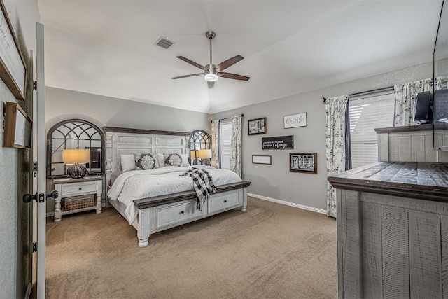 4818 Connor Dr, Baytown, TX 77521 - bedroom with carpet floors, baseboards, lofted ceiling, and a ceiling fan