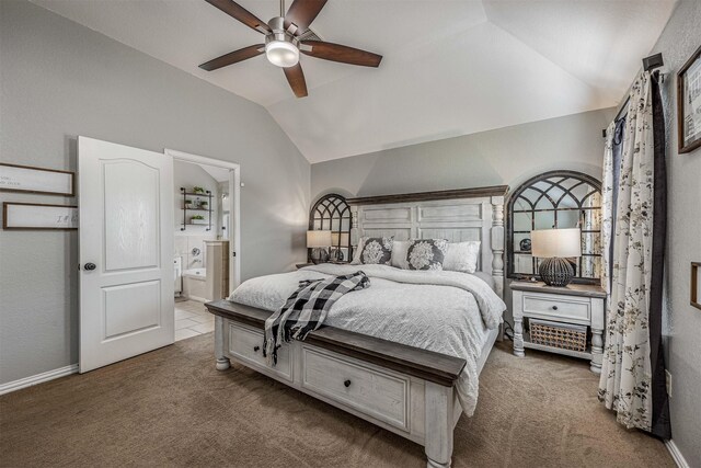 4818 Connor Dr, Baytown, TX 77521 - bedroom featuring carpet, lofted ceiling, ensuite bathroom, baseboards, and a ceiling fan